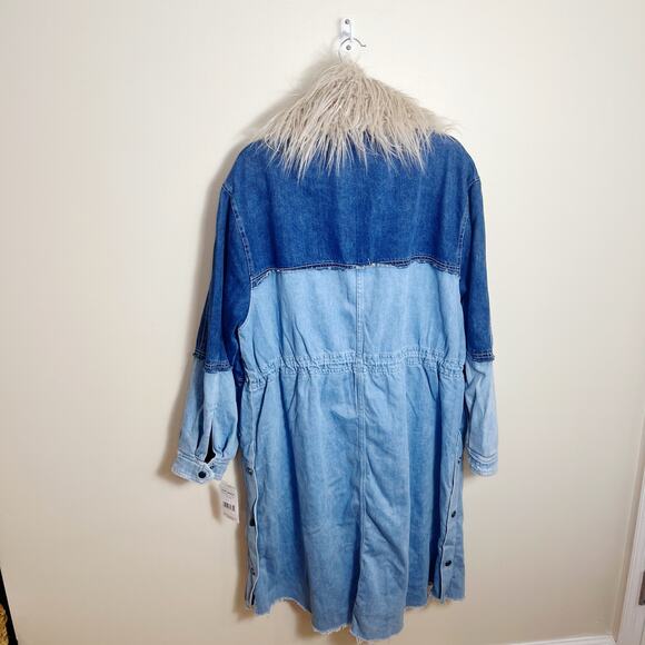 Free People Days to Come Denim Parka Coat Faux Fur Collar  Size M New - Picture 8 of 14